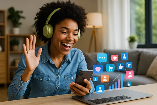 Mujer con apps flotantes